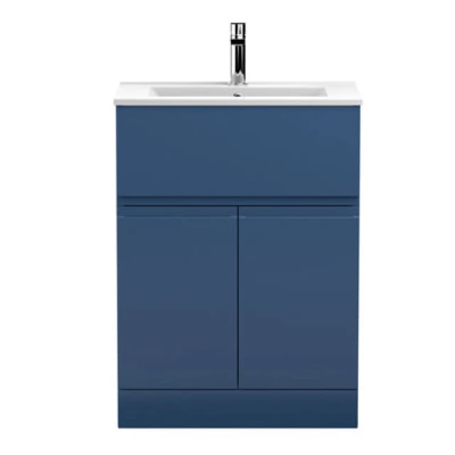 Nuie Hudson Reed Urban Floor Standing 2 Door 1 Drawer Vanity Unit With Minimalist Basin, Modern Vanity Unit In Satin Blue, 600mm