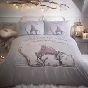 Portfolio Home Winter Lazy Bear Print Duvet Cover Set, Grey, Single