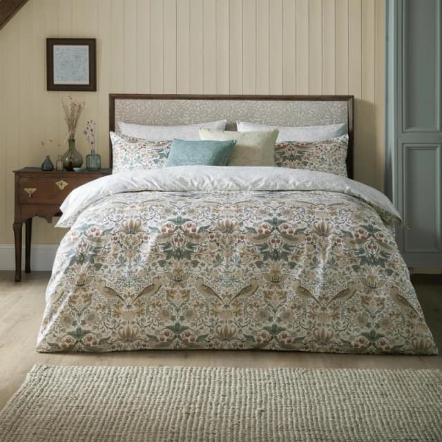 William Morris At Home Strawberry Thief Duvet Set, Double, Hessian