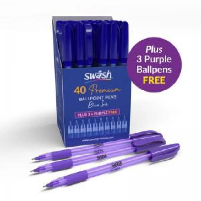Swash Swash Premium Triangular Medium Tip Ballpoint Pens Blue Plus 3 FREE Purple Ballpoint Pens (Pack 40+3 FREE) - BBT40BU BBT40BU