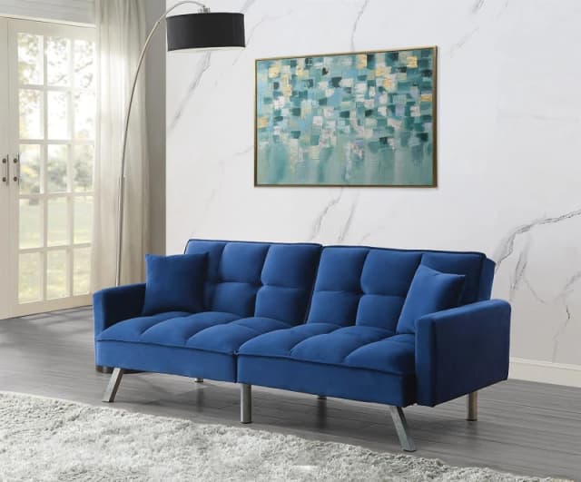 KOSY KOALA Sofa Bed 2 Seater Blue Velvet Click Clack Sofa Settee Recliner Couch with Metal Legs 2 Pillows Blue