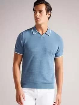 Ted Baker Durdle Textured Knitted Polo Shirt - Blue Size 3, Men