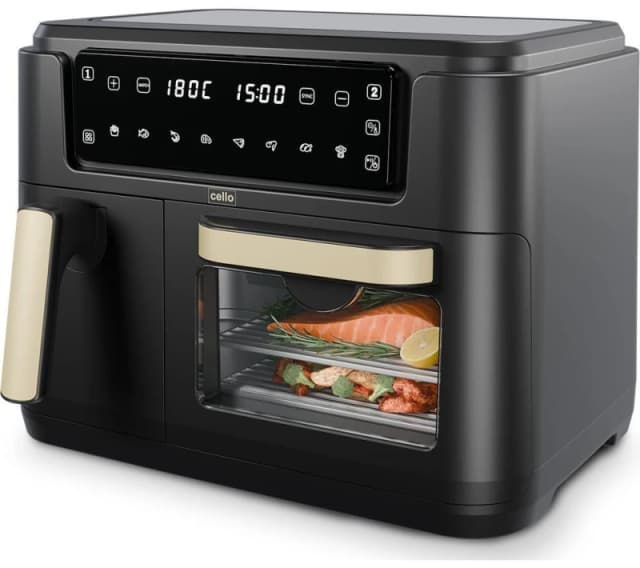 Cello Dual Zone Digital 11 litre Air Fryer, 2 Drawers, 3.5L and 7.5L Oven, Touch Control, 8 Portions, Non-Stick Black