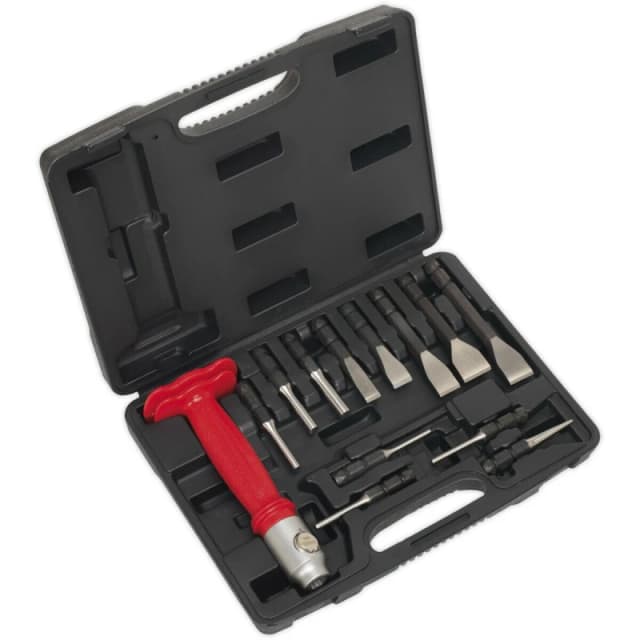 Loops 13 Piece Interchangeable Punch & Chisel Set - Hammer Through Grip - Storage Case Metallics