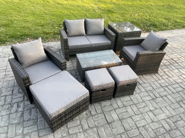 Fimous 7 Seater Outdoor Lounge Sofa Set Wicker Pe Rattan Garden Furniture Set With Rectangular Coffee Table Double Seat Sofa