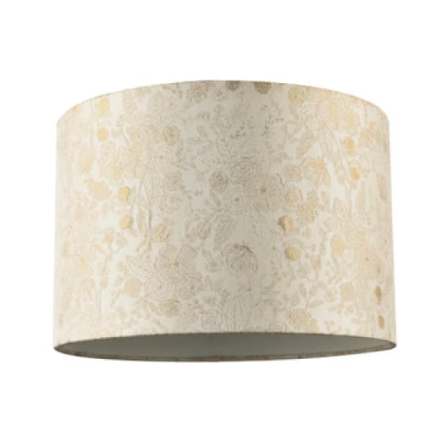Happy Homewares Chic Textured Off-Cream Jacquard Drum Shade With Gold Foil Decor Print