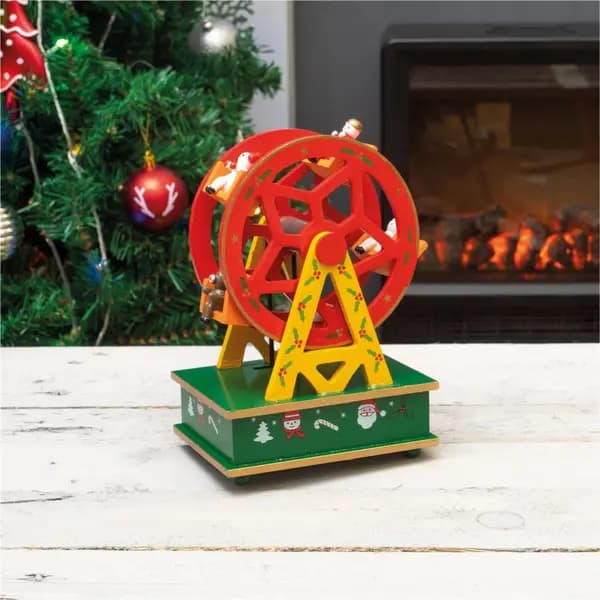 Christmas Mechanical Wooden Fairground Ferris Wheel Mini Music Box Wind Up ELV-814666