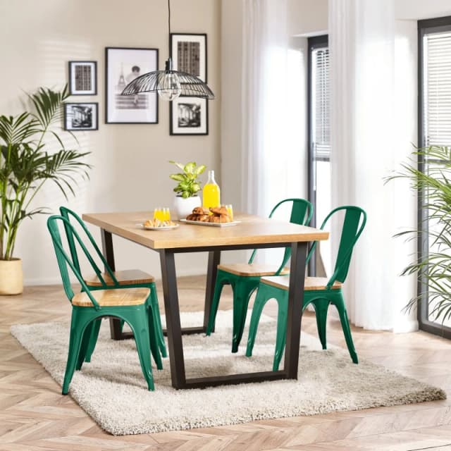 FurnitureboxUK FurnitureboxUK 4 Seater Wood Dining Table - Cotswold 'Oak' Herringbone Dining Table & 4 White Colton Wooden Seat Metal Chairs in Green