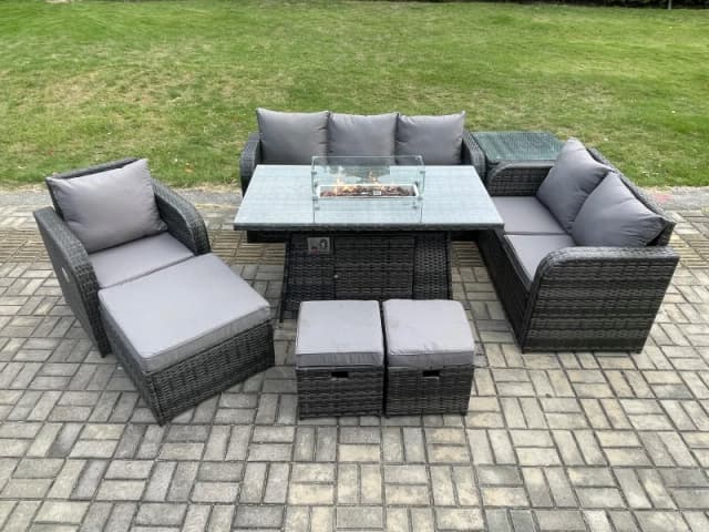 Fimous Garden Patio Furniture Wicker Rattan Gas Fire Pit Table and Sofa Chair set with Side Table 3 Footstool Dark Grey