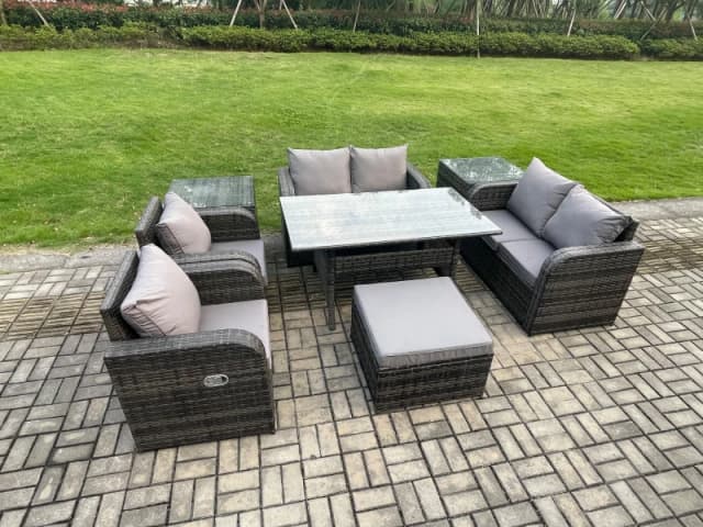Fimous Rattan Outdoor Furniture Garden Dining Set Rectangular Table & Chair Sofa Set With 2 Side Tables Big Footstool in Dark Grey Dark Grey Unisex
