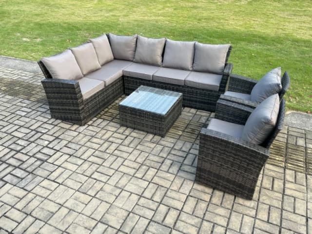 Fimous Rattan Garden Furniture Set Outdoor Lounge Corner Sofa Set With Square Coffee Table 2 Armchairs 8 Seater Dark Grey Mixed Dark Grey Unisex