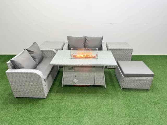 Fimous 5 Seater Outdoor Love Sofa Set Rattan Garden Furniture Set with Firepit Dining Table Big Footstool 2 Side Tables Light Grey Light Grey