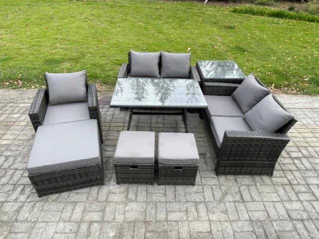 Fimous 8 Seater Garden Dining Set Wicker PE Rattan Outdoor Furniture Sofa with Rectangular Dining Table Double Seat Sofa Side Table 3 Footstools Dark