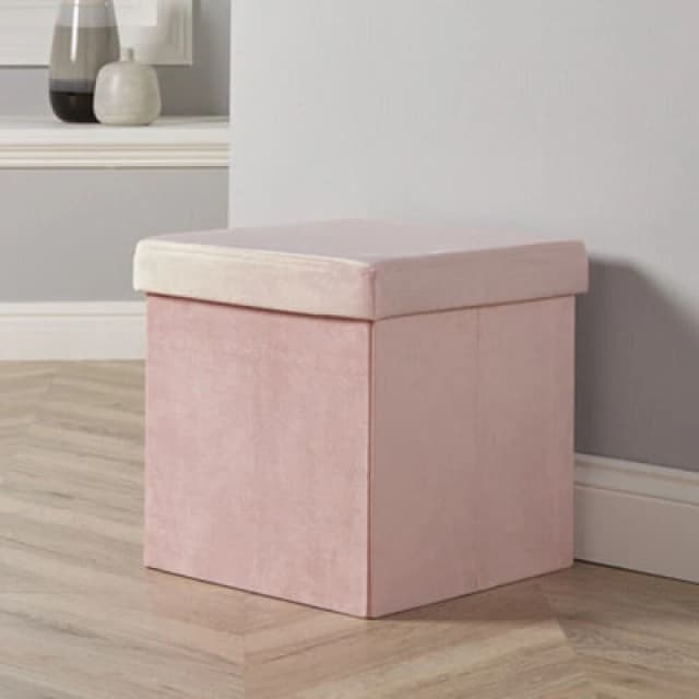 Home Source Sofia Folding Velvet Square Storage Ottoman Light Pink