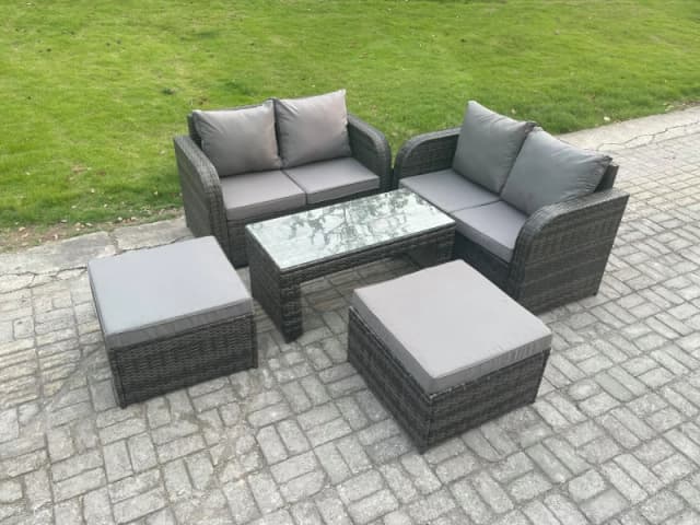Fimous High Back Rattan Garden Furniture Set with Loveseat Sofa Coffee Table Footstools Outdoor Patio Lounge Sofa Set Dark Grey