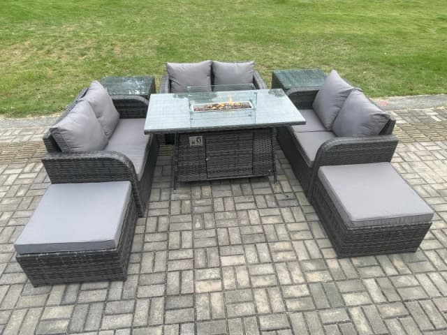 Fimous Rattan Outdoor Garden Furniture Sofa Set Gas Fire Pit Dining Table Gas Heater with 2 Side Tables Love Sofa 2 Big Footstool Dark Grey