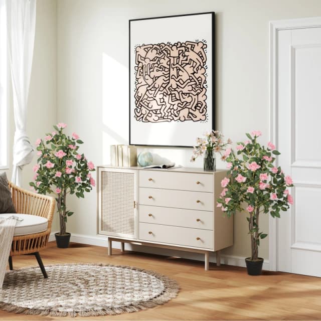 HOMCOM Set of 2 Decorative Artificial Plants Rose Trees in Pot, Pink Pink