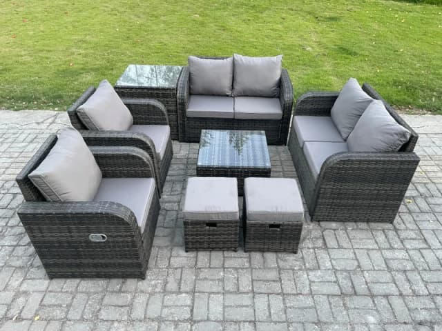 Fimous 8 Seater Rattan Sofa Set Outdoor Garden Furniture Set with Square Coffee Table Loveseat Sofa Reclining Chairs Side Table 2 Small Footstools Dar
