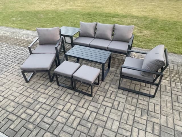 Fimous Aluminium 8 Pieces Garden Furniture Sofa Set with Cushions 8 Seater Outdoor Patio Set with 2 Armchair 3 Footstools Side Table in Dark Grey Dark