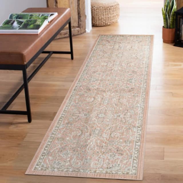 Maia Washable Low Pile Non Slip Blossom Traditional Area Rug - Coral, 60 X 220 Cm (Runner)
