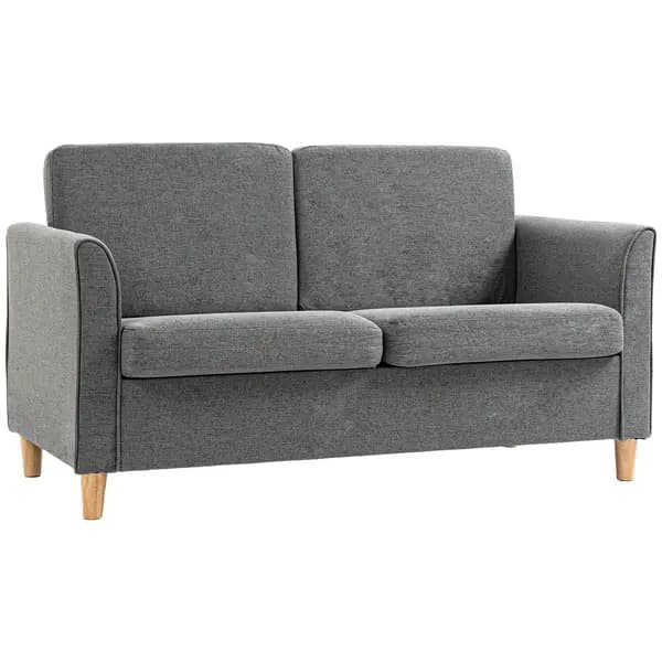 HOMCOM Double Seat Sofa Loveseat Couch 2 Seater Linen Armchair with Wood Legs Grey