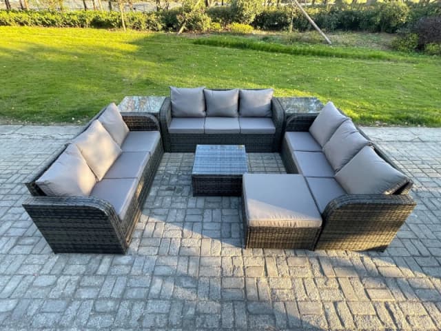 Fimous Rattan Outdoor Furniture Set Patio Garden Sofa Set with Square Coffee Table Big Footstool 2 Side Tables Dark Grey Mixed Dark Grey