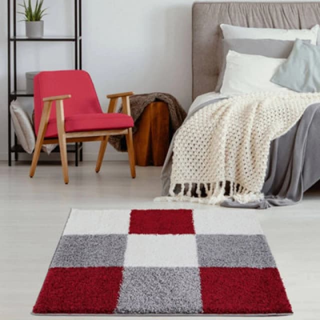 THE RUGS Fluffy & Soft Shaggy Rugs Living Room Rug in Red - Elegant Geometric Design Carpets For Bedrooms & Kitchen 381 Size: 120cm x 120cm Red