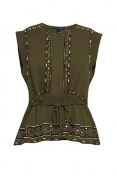 French Connection Adanna Crinkle Embroidered Peplum Top Green