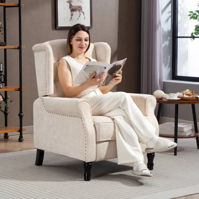 HOMCOM Manual Reclining Armchair Recliner with Footrest Beige, White 833-677V71BG