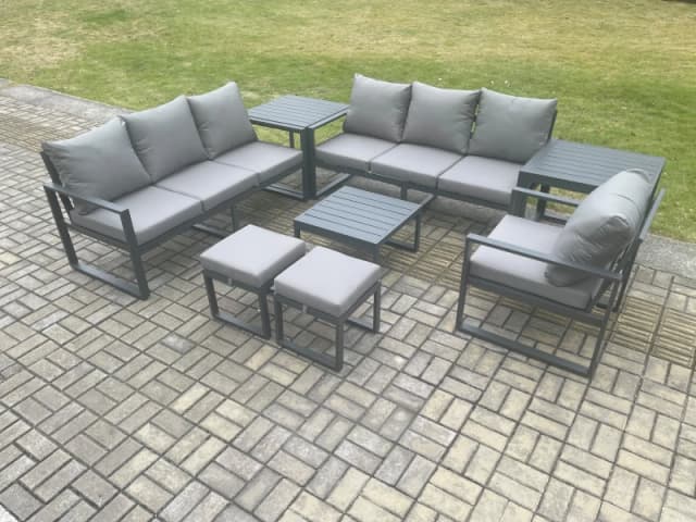 Fimous Aluminium 9 Seater Outdoor Garden Furniture Lounge Sofa Set with Square Coffee Table Chair 2 Small Footstools 2 Side Table Dark Grey Dark Grey