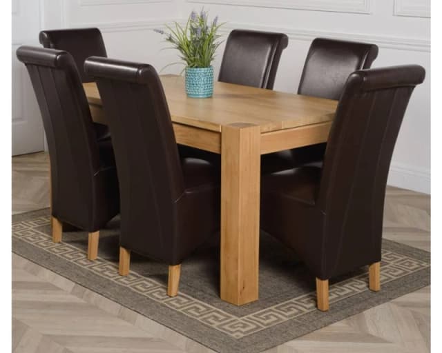 Thats Furniture Kuba 150 x 85cm Chunky Medium Oak Dining Table & 6 Montana Leather Chairs in Brown Size: 150 x 85cm Brown Unisex 150 x 85 cm