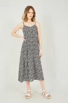 Black Ditsy Print Button Down Midi Dress