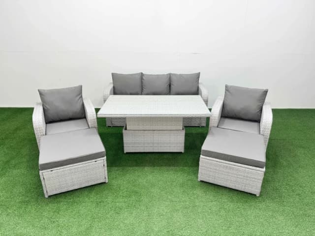 Fimous PE Rattan Garden Furniture Set Reclining Chair Sofa Lounge Sofa Set Adjustable Lifting Dining or Coffee Table 2 Big Footstool Light Grey Light