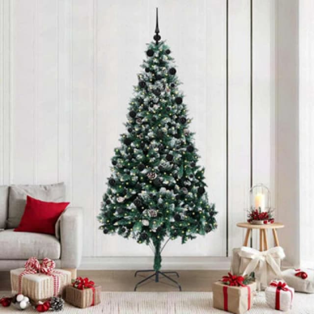 vidaXL Artificial Christmas Tree with 300 LEDs, 120 Black Balls with Stand Green 210 cm, Green 3396274