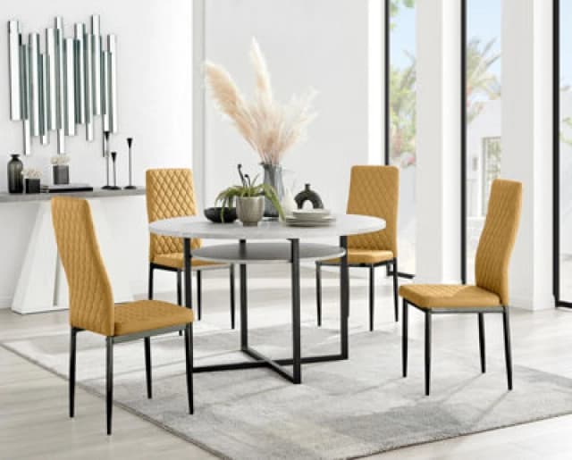 FurnitureboxUK FurnitureboxUK Adley Grey Concrete Effect And Black Round Dining Table with Shelf and 4 Velvet Milan Dining Chairs in Mustard Mustard O