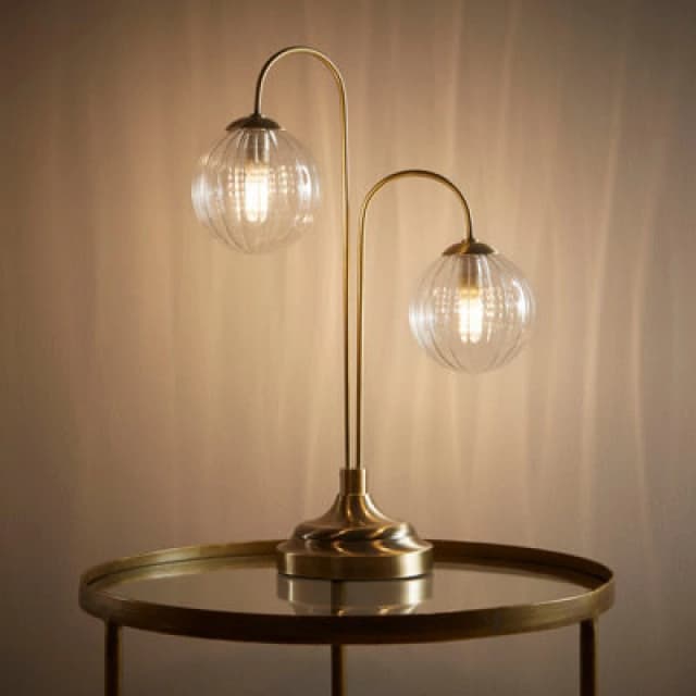 K Living Antique Brass Table Lamp With 2 Arms And Ribbed Glass Light Shades Modern Home Decor