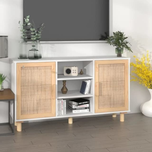 Vidaxl Sideboard White 105X30X60 Cm Solid Wood Pine And Natural Rattan, White 345639