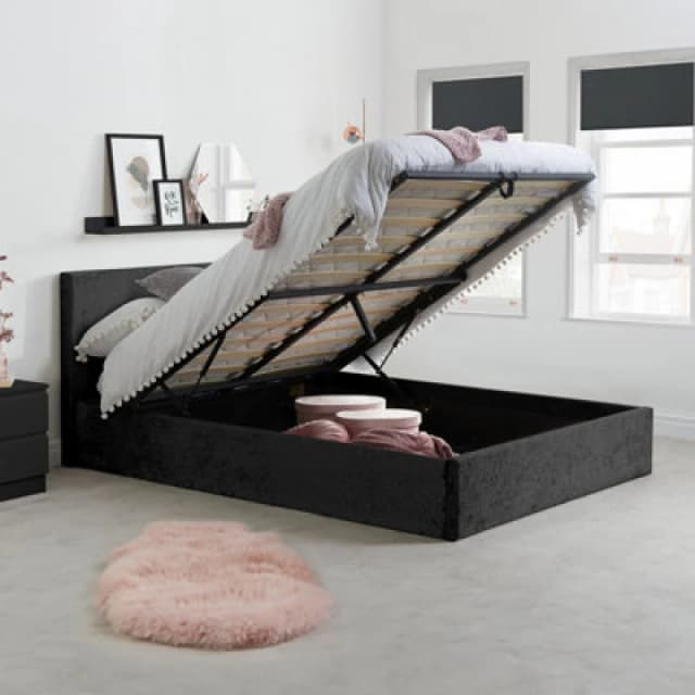 Birlea Berlin Black Crushed Velvet Glitz Fabric Ottoman Bed Frame - 4ft6 Double