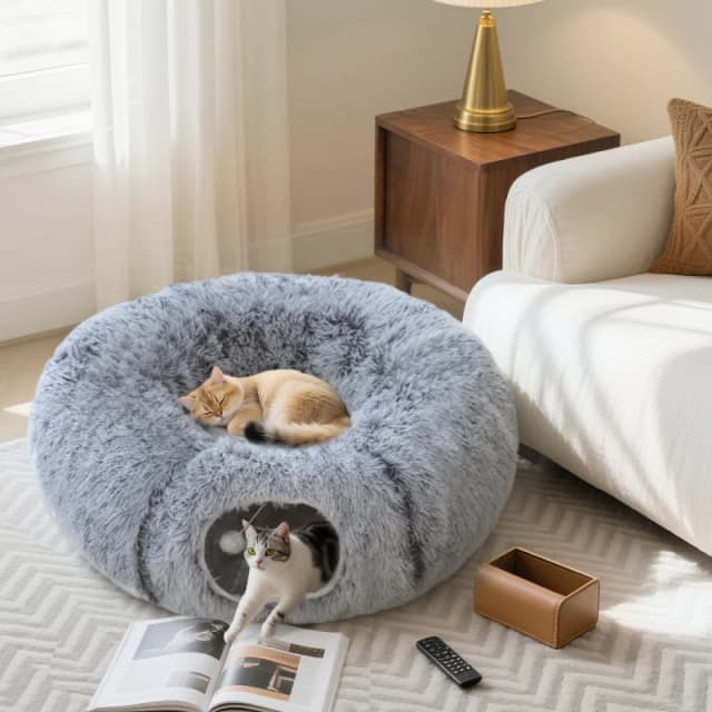 PawHut PawHut Donut Play Tunnel Bed with Washable Cushion and Toy Ball, Light Grey