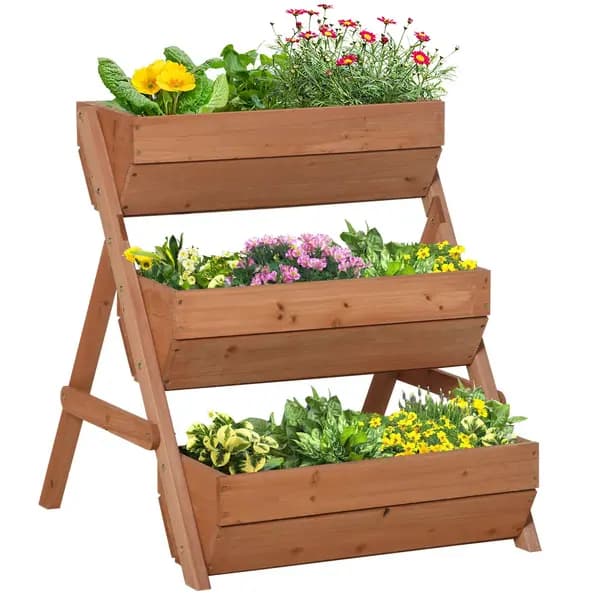 Outsunny 3 Tier Raised Garden Bed Wooden Elevated Planter Grow Box for Flower Herb Brown