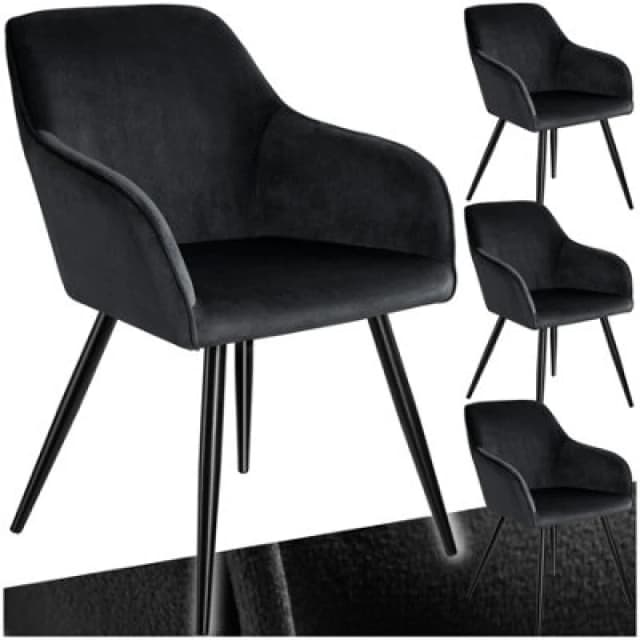 Tectake Set Of 4 Dining Chair Marilyn - With Armrests, Padded, Velvet Look, Black Steel Legs - Black