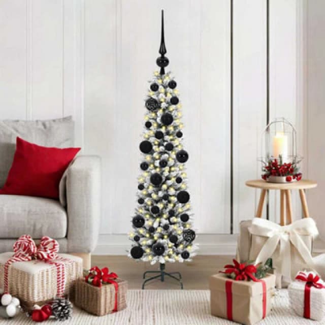 vidaXL Artificial Christmas Tree with 150 LEDs, Black Balls Green and white 120 cm, Green 3396082