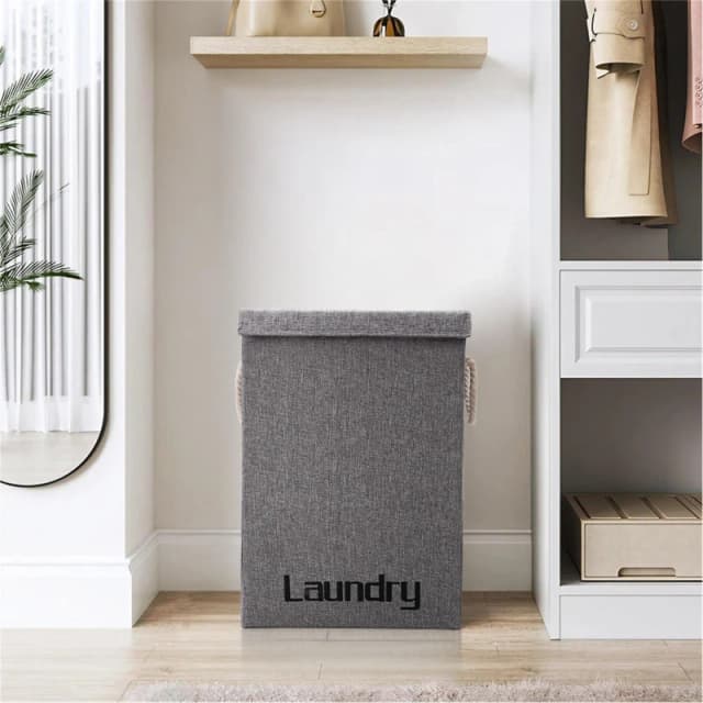 Cottonfy UK Linen Laundry Basket with Beige Rope Handles - Grey Grey M