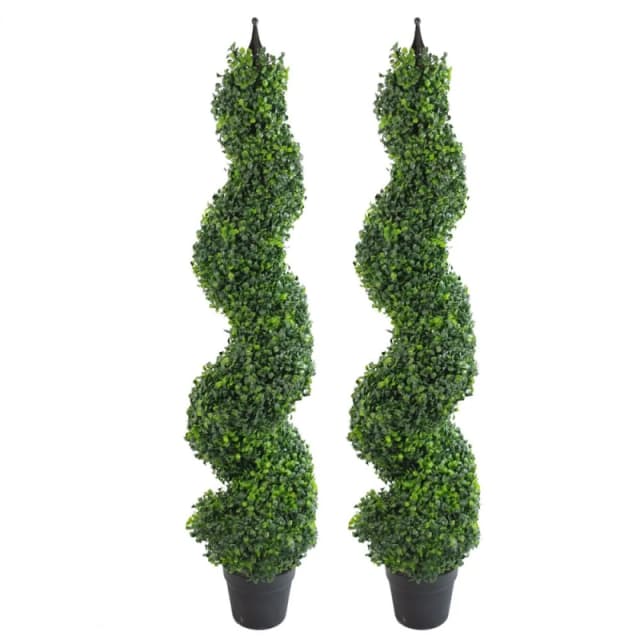 Leaf Pair of 120cm (4ft) Tall Artificial Boxwood Tower Trees Topiary Spiral Metal Top Green