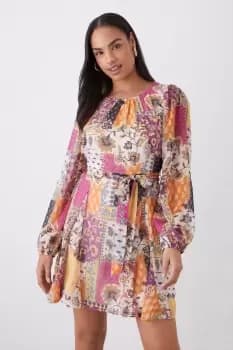 Patchwork Print Chiffon Full Hem Mini Dress