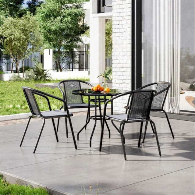 Breeins Tempered Glass Outdoor Table with 4 Rattan Chairs Garden Furniture Sets Large Black 38317403430