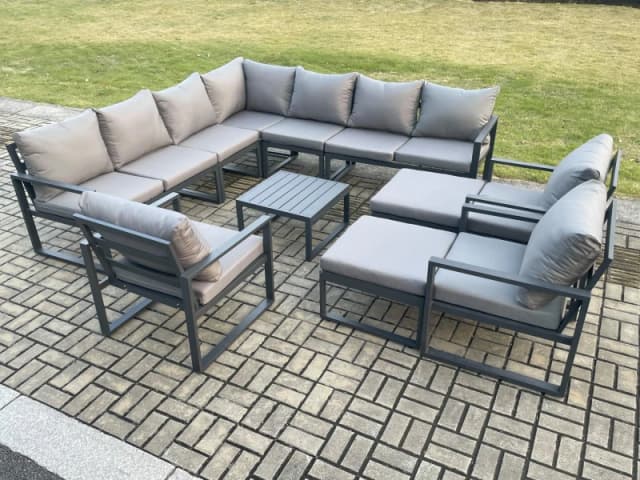 Fimous Aluminium Outdoor Garden Furniture Set Lounge Corner Sofa 3 Pcs Chair Square Coffee Table Sets with 2 Big Footstools Dark Grey Dark Grey Unisex