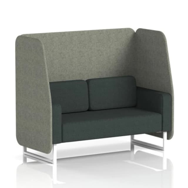 Brixworth 2 Seater Open Office Booth with White Legs in Rivet Fabric - Vitreous Panels and Charcoal Sofa