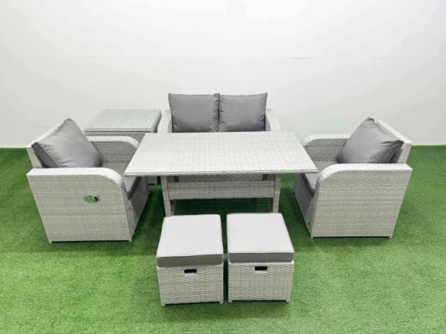 Fimous Light Grey PE Wicker Rattan Garden Furniture Set Sofa Set Reclining Chair Rectangular Dining Table 6 Seater 2 Small Stools Side Table Light Gre