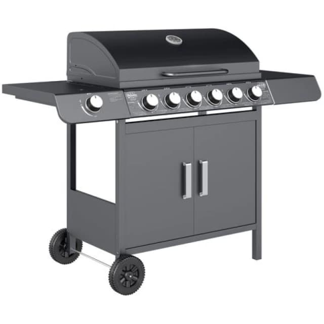 Outsunny 6+1 Burner Gas BBQ Grill Garden Barbecue with Wheels, Cabinet Grey 846-065V70GY